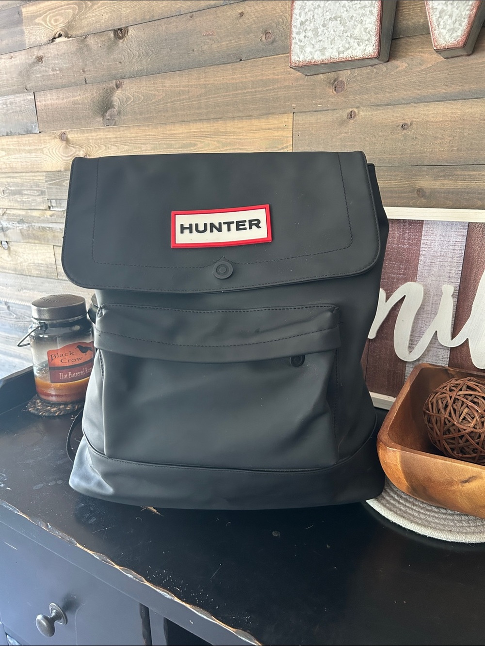 Hunter Black Backpack with Red-Trim Logo Patch